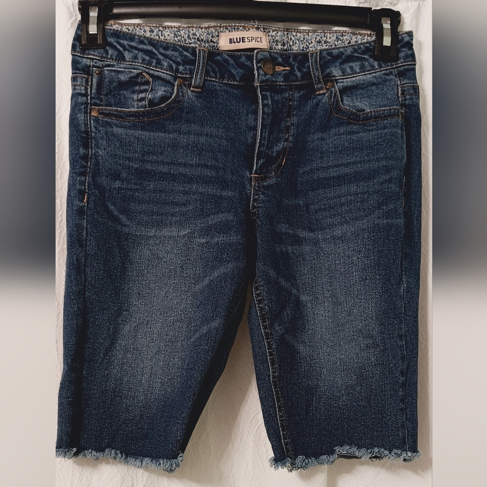 Blue Spice Juniors Mid Rise Blue Frayed Hem Denim Bermuda Shorts